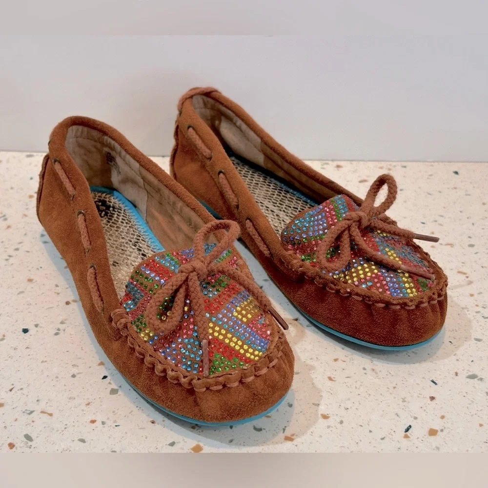 Gianni Bini Little Girls Leather Moccasin Rainbow‎ Rhinestone Shoes Sz 13M